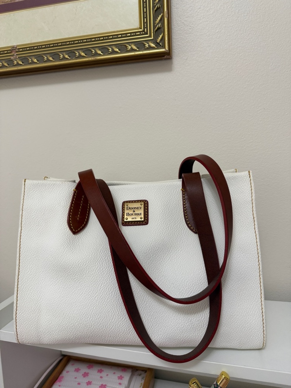 Dooney & Bourke White Pebbled Leather Tote with Brown Straps and Red Edging